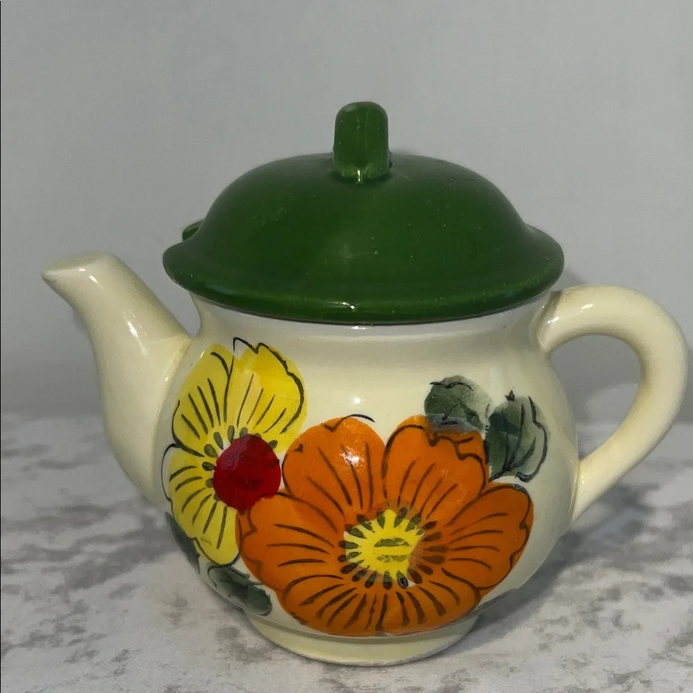 Vintage Japanese Floral Ceramic Teapot with Green Lid